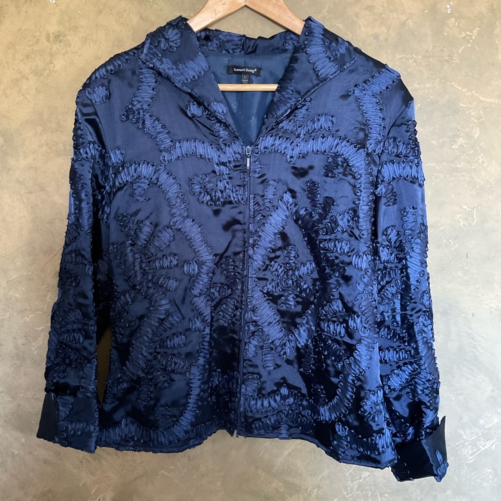Samuel Dong Navy Blue Textured Satin Architectural Zip Blazer Jacket L